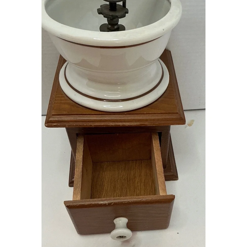 Teleflora Vintage 1982 Coffee Grinder Manual Crank Ceramic Wood Farmhouse Decor